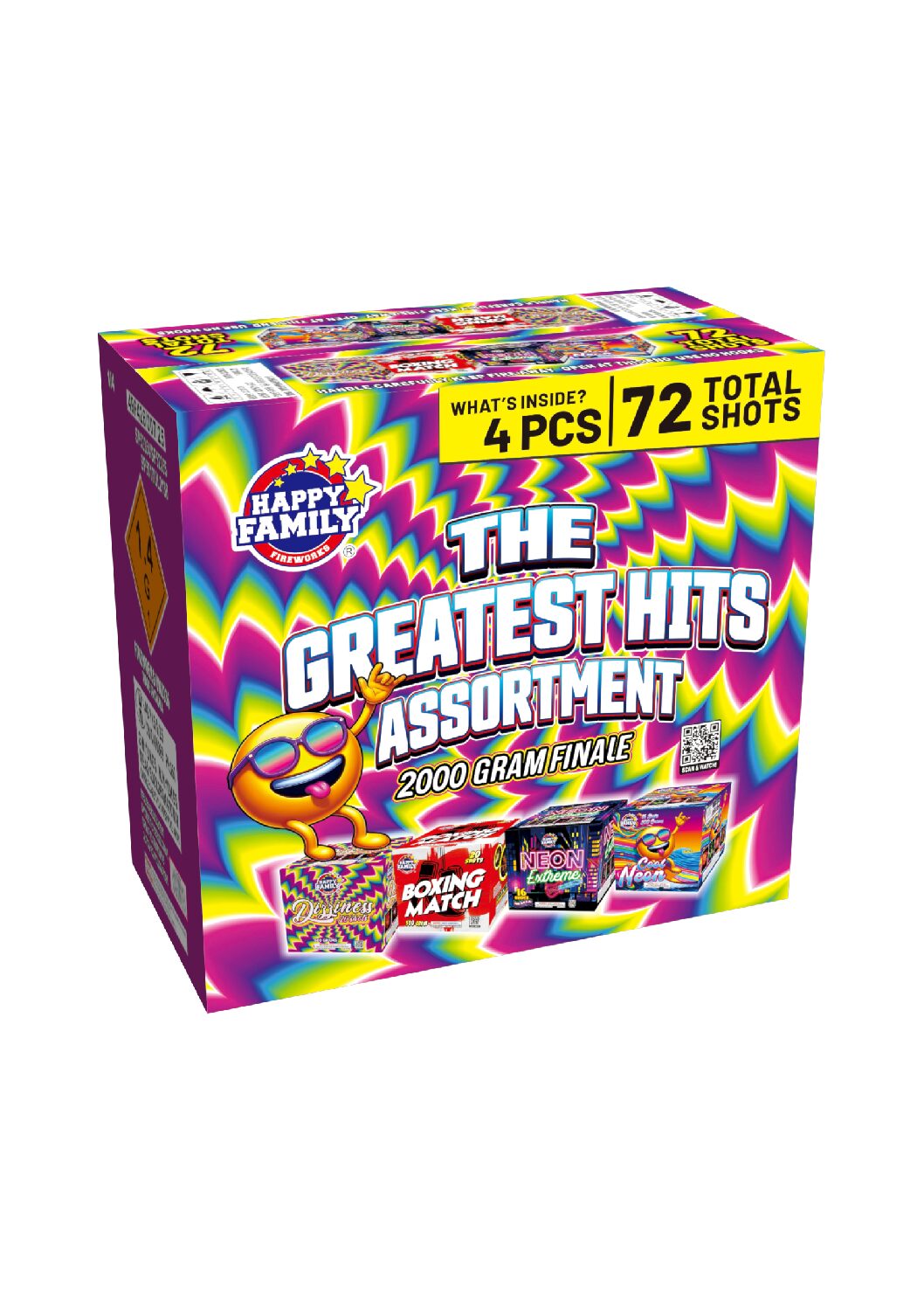JL2502M HAPPY FAMILY FIREWORKS THE GREATEST HITS CAKE ARRORTMENT 72 SHOT'S